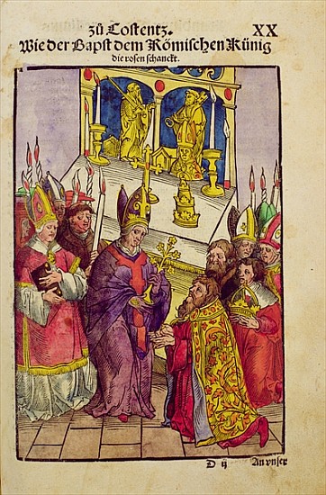 Pope Martin V gives Sigismund the symbolic gift of the Golden Rose at the Council of Constance, from a Ulrich von Richental