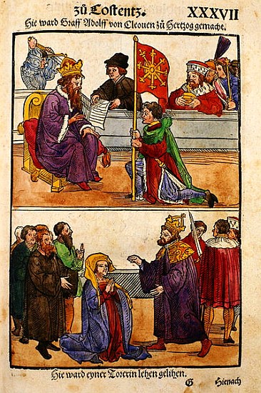 Sigismund raises Count Adolph of Cleves to the rank of Duke at the Council of Constance, from ''Chro a Ulrich von Richental