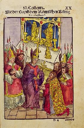 Pope Martin V gives Sigismund the symbolic gift of the Golden Rose at the Council of Constance, from