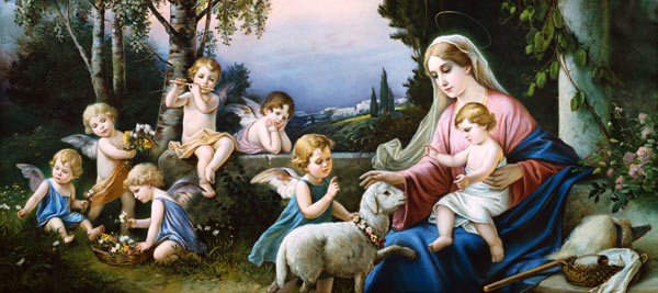Mary with the Child, Sheep and Puttoi in an idealized Landscape a (circa 1900) Pittore anonimo