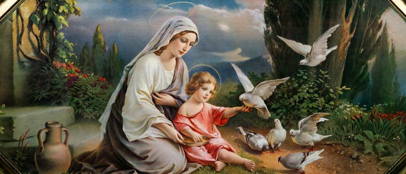 Mary and the Child playing with pigeons in an idealized  Landscape a (circa 1900) Pittore anonimo
