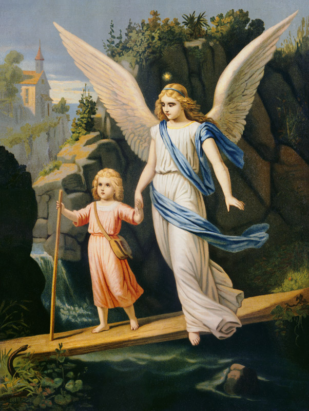 Guardian Angel escorts a Child over a Bridge a (circa 1900) Pittore anonimo