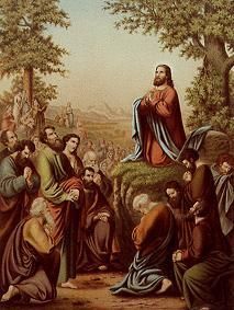 Reproduction from the Allivoli Bible: Sermon on the Mount of Olibes (Jesus teaches the Lord’s Prayer a (circa 1900) Pittore anonimo