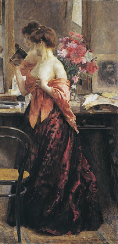The mirror and the woman, 1903, by Umberto Coromaldi (1870-1948), oil on canvas, 203x100 cm. Italy,  a Umberto Coromaldi