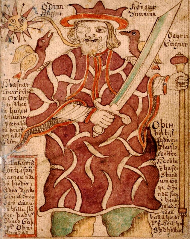Odin with his ravens Hugin and Munin and his weapons (from the Icelandic Manuscript SÁM 66) a Unbekannter Künstler