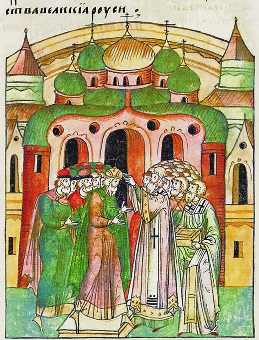Vladimir Vsevolodovich crowned by Bishop Neophytos with Monomakh's Cap. (From the Illuminated Compil a Unbekannter Künstler