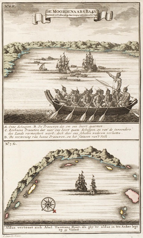 View of the bay with Maori on the coast of New Zealand. The voyage of Abel Tasman in 1642 a Unbekannter Künstler