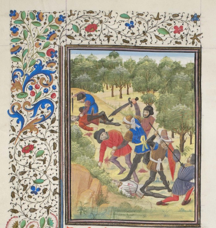 Fight in a wood between Christians and Saracens. Miniature from the "Historia" by William of Tyre a Unbekannter Künstler