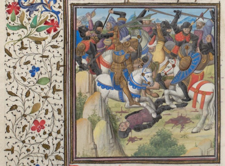Fight between Christians and Saracens under Saladin. Miniature from the "Historia" by William of Tyr a Unbekannter Künstler