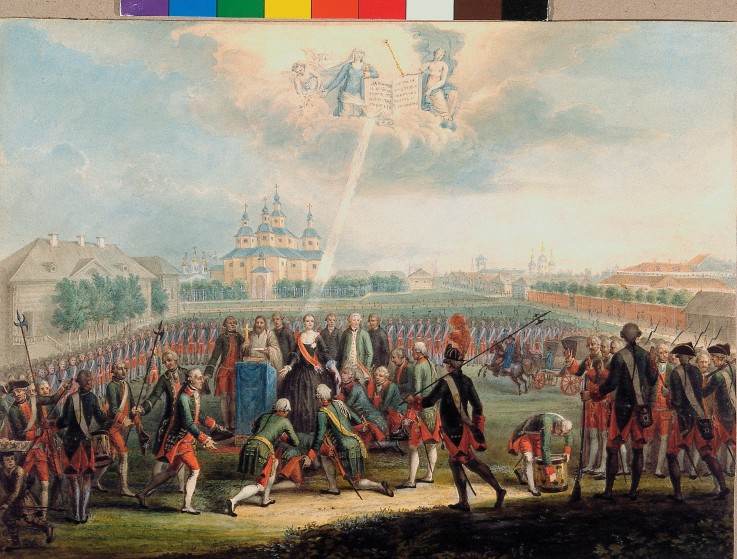 Catherine II Greeted by the Izmaylovsky Lifeguard regiment on the Day of the Palace Revolution on Ju a Unbekannter Künstler