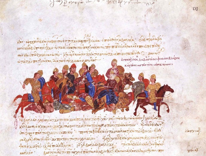 The Pechenegs in the fight against warriors of Svyatoslav I (Miniature from the Madrid Skylitzes) a Unbekannter Künstler