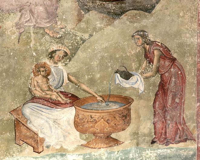 The washing of the child in the nativity scene a Unbekannter Künstler