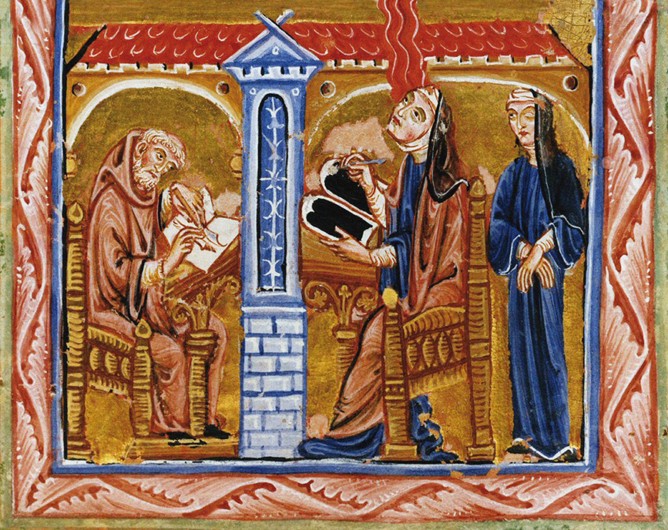 Hildegard receives a vision in the presence of her secretary Volmar and her confidante Richardis a Unbekannter Künstler