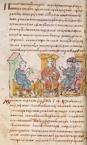 Emperor John I Tzimiskes meeting with Ambassadors of Sviatoslav I of Kiev (from the Radziwill Chroni