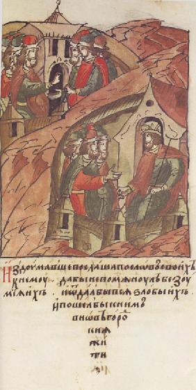 Novgorod veche. The Novgorodians invited Yaroslav II Vsevolodovich to rule over them. (From the Illu