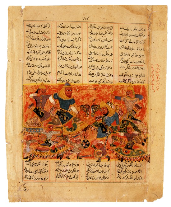 Rustam Kills the Turanian Hero Alkus with his Lance (Manuscript illumination from the epic Shahname  a Unbekannter Künstler