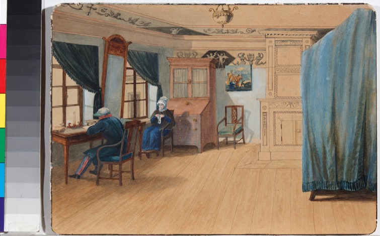 Bedroom Interior. Count Yegor Frantsevich Kankrin (1774-1845) at his desk a Unbekannter Künstler