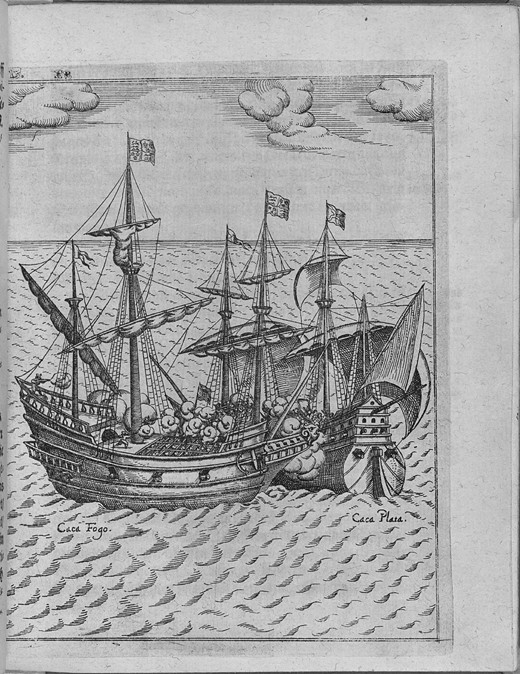 Battle between Francis Drake's ship Golden Hind and the Spanish ship Cacafuego. (From Levinus Hulsiu a Unbekannter Künstler