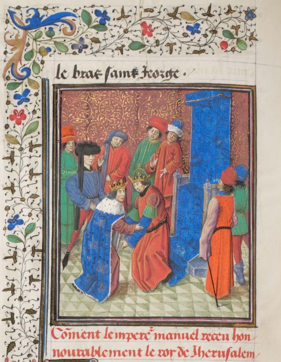 Emperor Manuel I Komnenos meets with king Amalric I of Jerusalem. Miniature from the "Historia" by W a Unbekannter Künstler