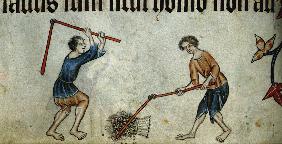 Two men threshing sheaf (From the Luttrell Psalter)