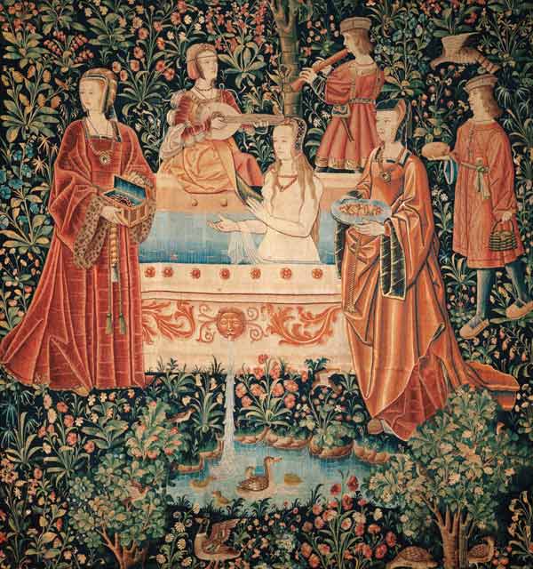 Woman Bathing surrounded by Attendants (Tapestry series "La Vie Seigneuriale") a Unbekannter Meister