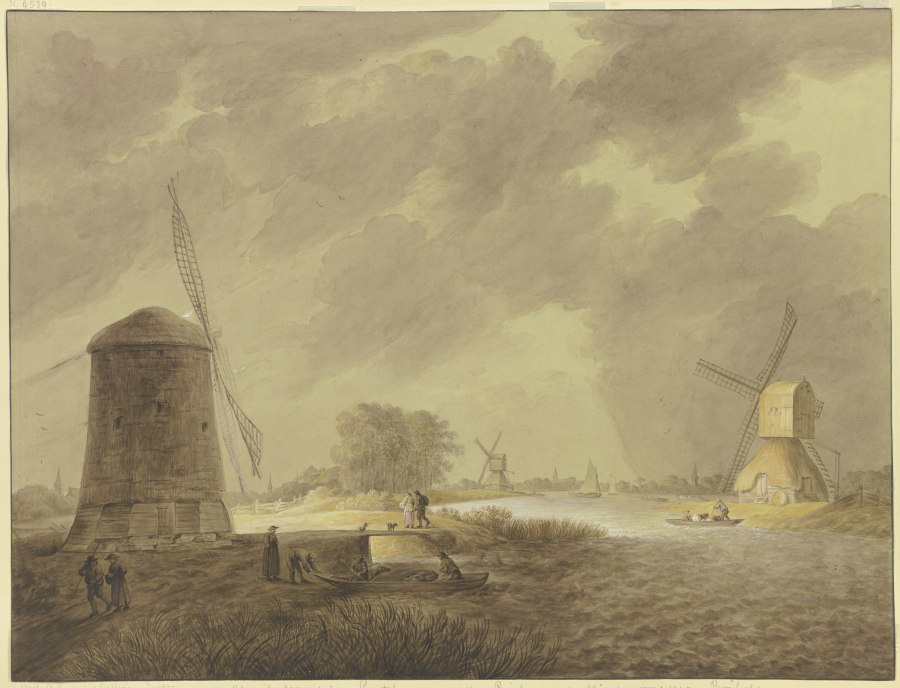 Windmühlen an einem Fluß bei stürmischem trübem Wetter a Ursula Magdalene Reinheimer