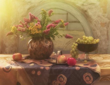 Still Life with Grapes. Flowers and Apples
