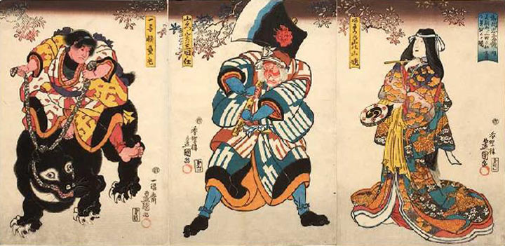 Drei Hauptdarsteller (Aus dem Kabuki-Schauspiel Japanische Beispiele von Gefolgstreue und Kindeslieb a Utagawa Kunisada