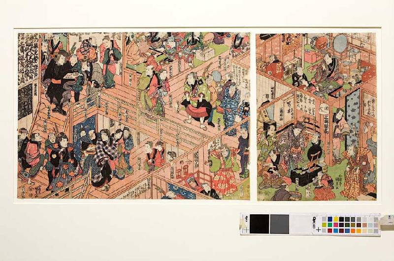 Blick vom zweiten Stockwerk ins Innere des Ichimura-Theaters in Edo a Utagawa Kunisada