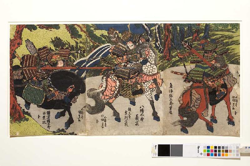 Der Bogenschütze Chokai Misaburo trifft Kamakura Gongoro mit einem Pfeil ins Auge a Utagawa Kunisada