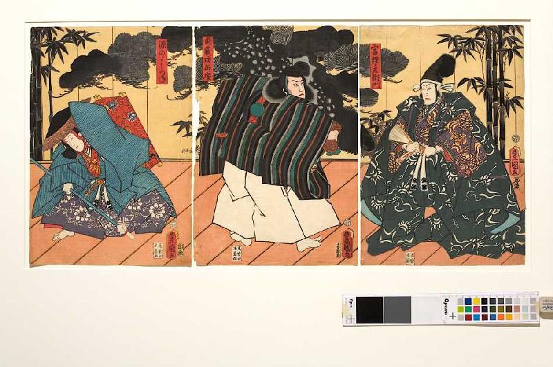 Minamotono Yoshitsune und Musashibo Benkei vor Fürst Togashino Saemon (Aus dem Kabuki-Schauspiel Ben a Utagawa Kunisada