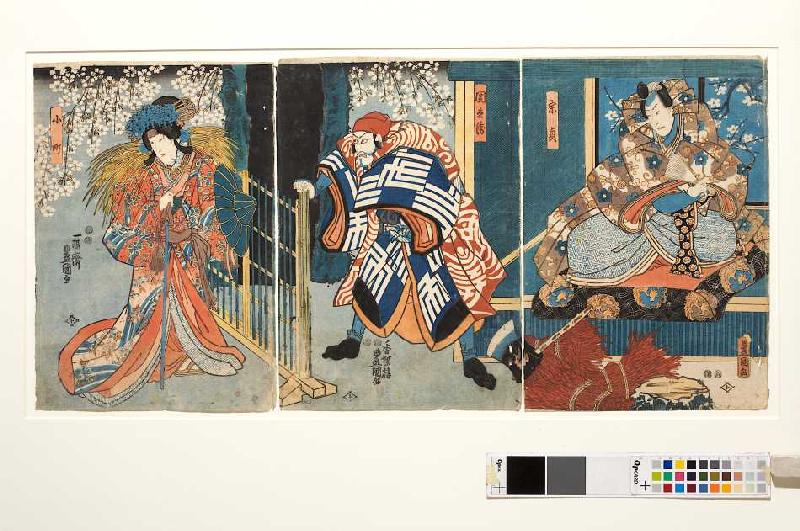 Munesada, Kuronushi und Komachi am Pass von Ausaka (Aus dem Kabuki-Schauspiel Die junge Dichterin On a Utagawa Kunisada