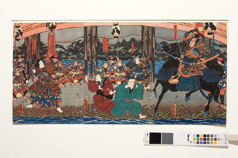 (recto) Naozane trifft Atsumori bei der Brücke - Aus dem Kabuki-Schauspiel Keimendes Grün auf dem Sc a Utagawa Kunisada