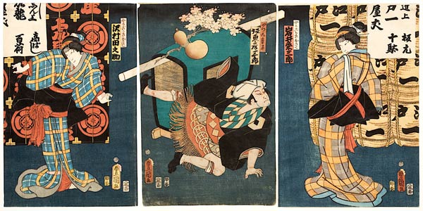 Bühnenszene aus dem Kabuki-Schauspiel Die Begegnung der Rivalen im Vergnügungsviertel (recto von 383 a Utagawa Kunisada