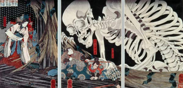 Mitsukini Defying the Skeleton Spectre, c.1845 (hand coloured woodcut print) a Utagawa Kuniyoshi