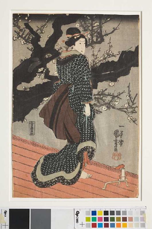 Frau, nachts unter einem blühenden Pflaumenbaum a Utagawa Kuniyoshi