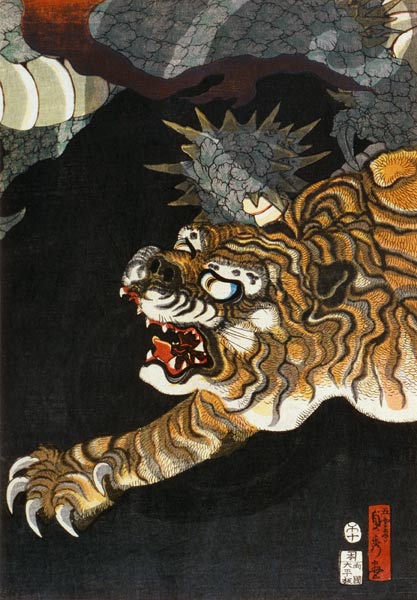 A dragon and two tigers - mitte a Utagawa Sadahide