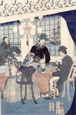 The salon of a house of foreign merchants at Yokohama, 1861 (colour woodblock print)