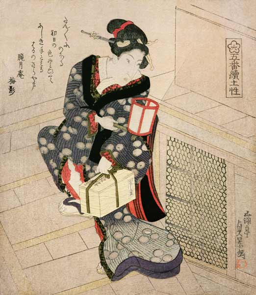 Woman climbing the stairs holding a lamp and a box a Utagawa Sadakage