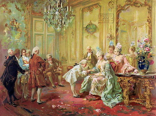 The presentation of the young Mozart to Mme de Pompadour at Versailles in 1763 (colour litho) a Vicente de Paredes