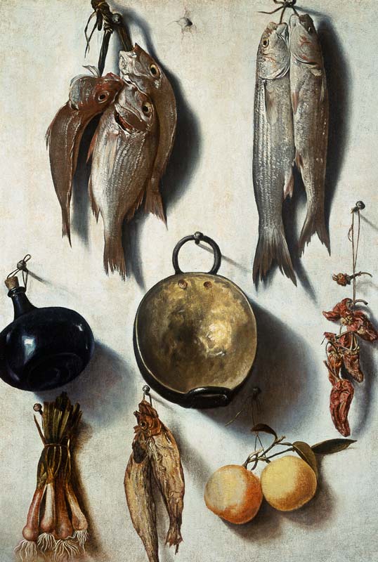 A Trompe L'Oeil of Fish, Cooking Utensils, Vegetables and Fruit a Vicente Victoria or Vitoria