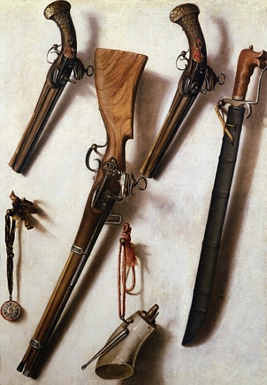 Trompe L''Oeil with Rifles, Sword and Gunpowder Horn a Vicente Victoria or Vitoria