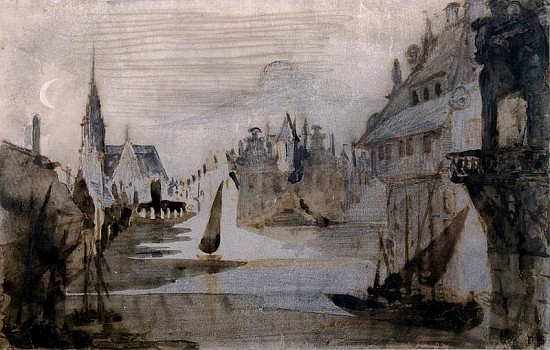 A Port in Flanders (pen & ink, pencil and wash on paper) a Victor Hugo