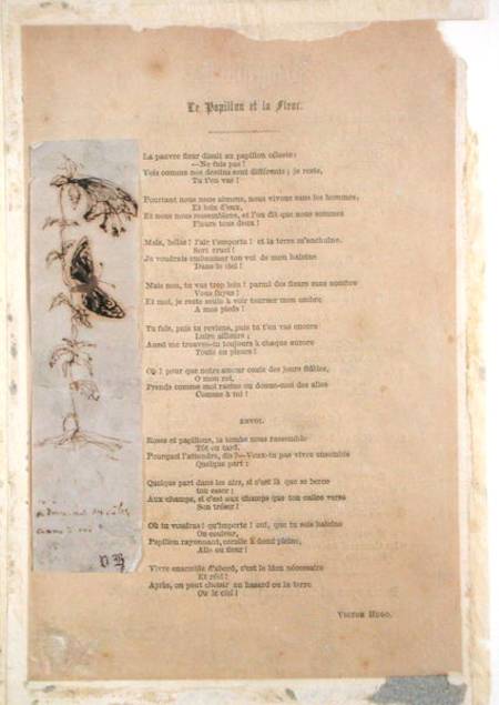 'Le Papillon et la Fleur', poem with an illustration of butterlies from 'Les Chants du Crepuscule' a Victor Hugo