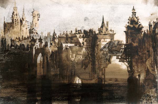 Town with a Broken Bridge (graphite, India ink and sepia on a Victor Hugo