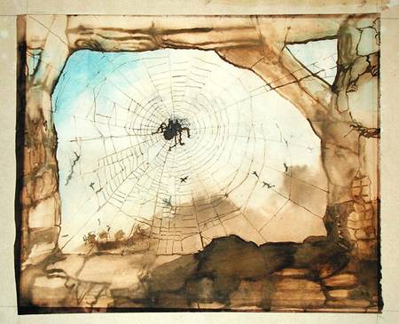 Vianden through a Spider's Web (pencil, India ink, sepia and w/c on a Victor Hugo