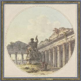 Architektonisches Capriccio: Inneres einer Tempelruine mit einer Statue des Jupiter tonans und Figur