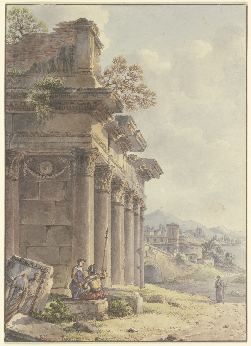 Architektonisches Capriccio: Ruinen einer Tempelfassade, im Hintergrund Landschaft mit Gebäuden und  a Victor Jean Nicolle