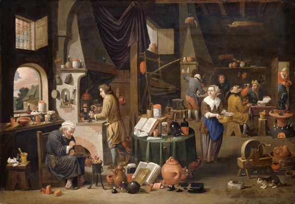 Interior with an alchemist and his assistants. a Victor Mahu