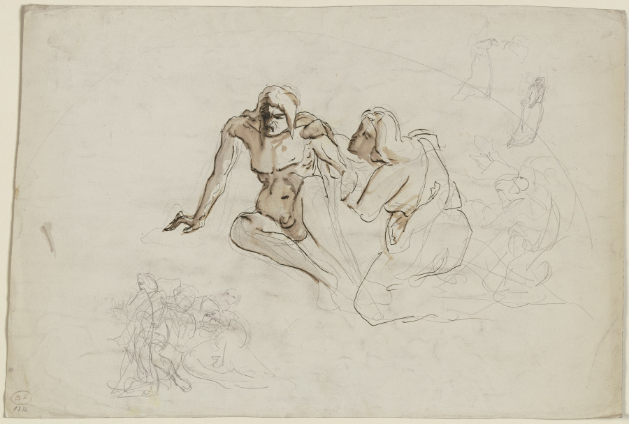 Auf dem Boden sitzender, übellauniger männlicher Akt, von einer neben ihm knienden weiblichen Gestal a Victor Müller